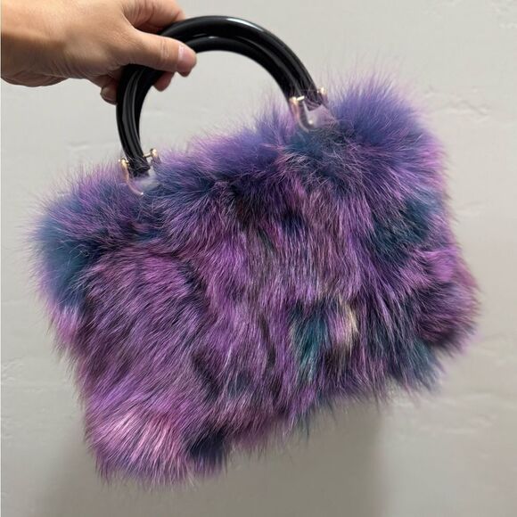 Purple Gradient Handmade Luxury Real Fox Fur Top Handles Satchel Bag/Crossbody - Picture 7 of 16